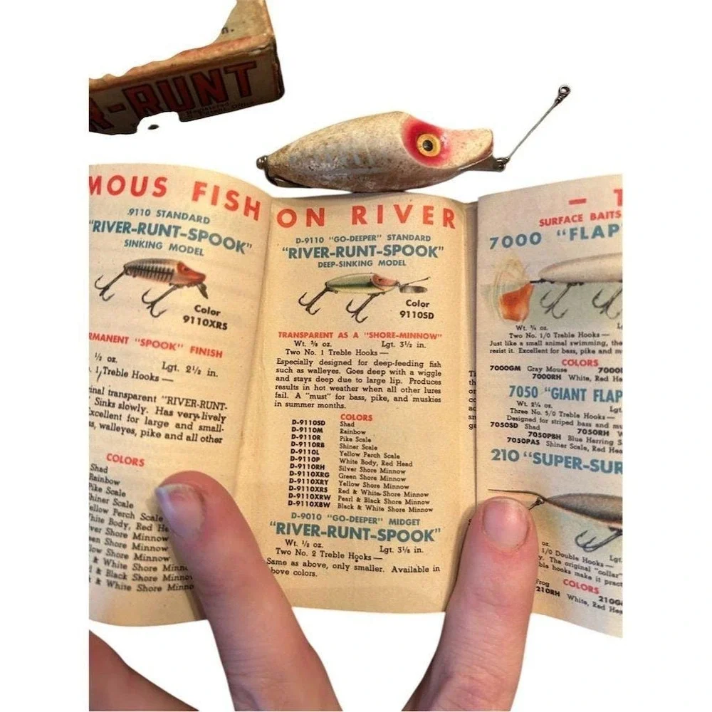 Heddon River-Runt-Spook Fishing Lure Vintage Sinking White Red With Box Catalog